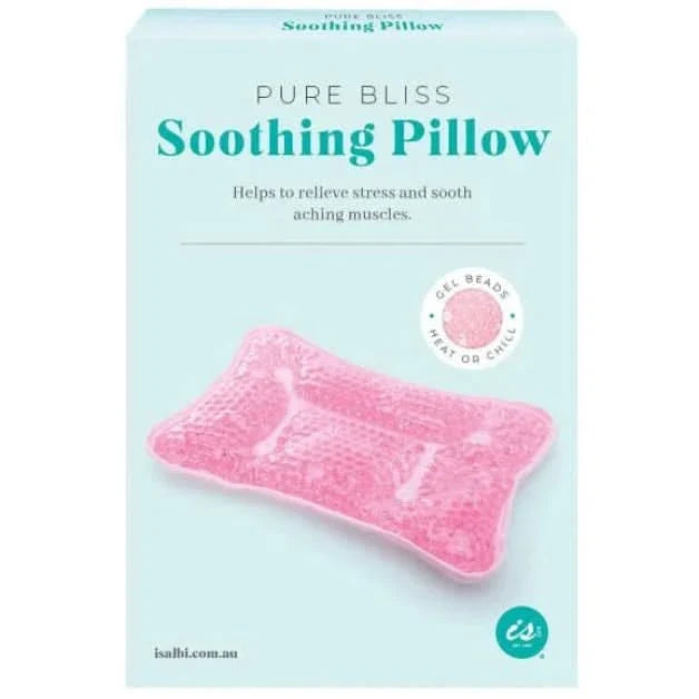 Pink 'Pure Bliss Soothing Pillow' on a light blue background with text and branding.