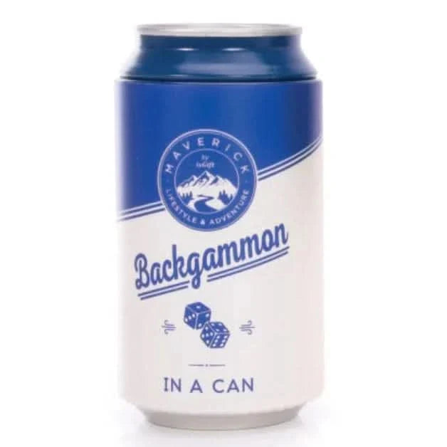Can of Backgammon in a Can with blue and white design on a white background
