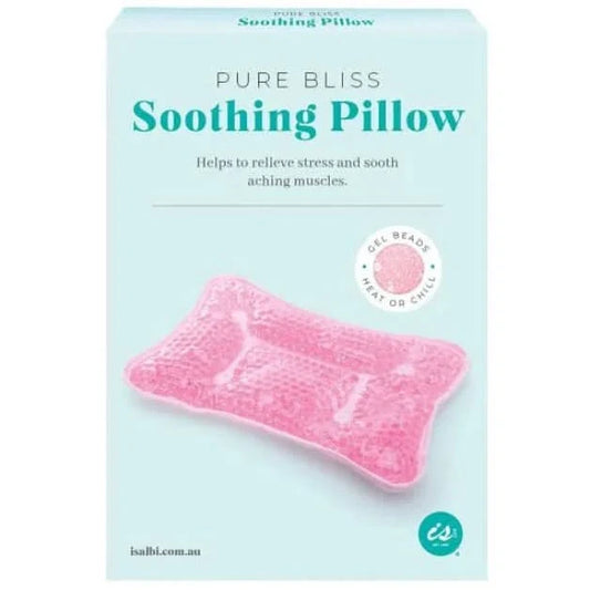 Pink 'Pure Bliss Soothing Pillow' on a light blue background with text and branding.